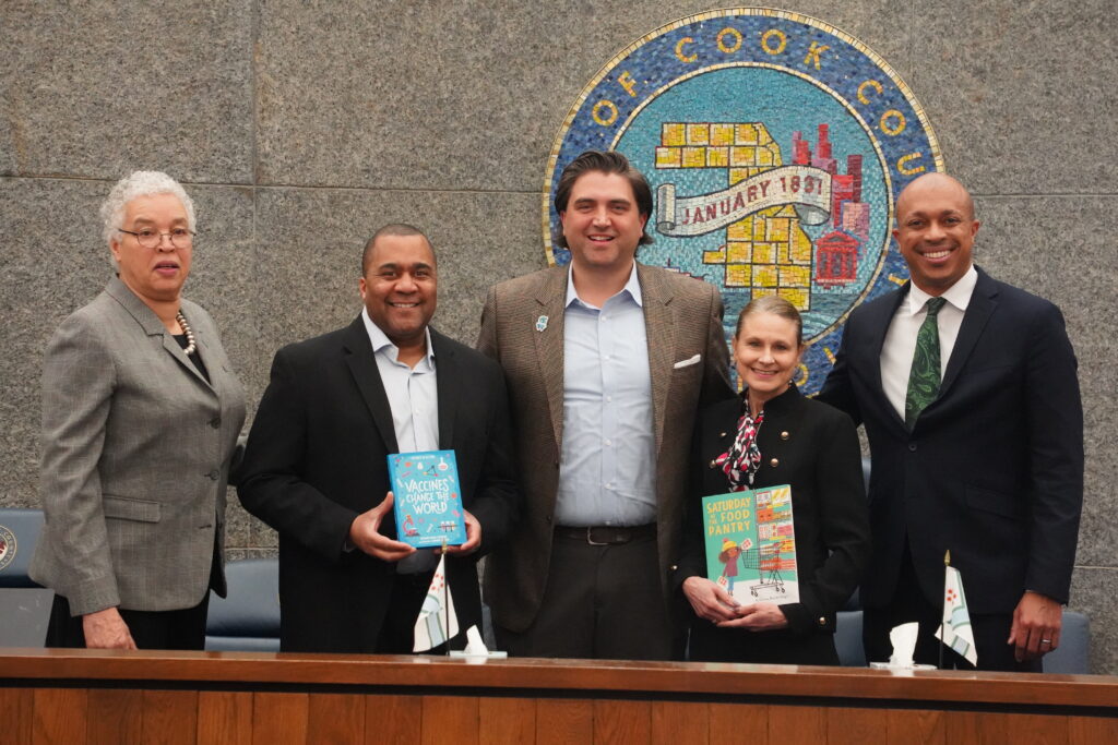 Representatives from Albert Whitman & Co. and the Cook County Board of Commissioners at a board meeting on March 14, 2024